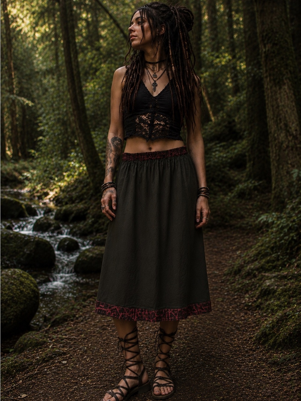 Whimsigoth Midi Skirt w Pockets Handmade in Indonesia